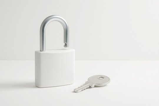 Open white padlock with silver key on white background with soft lighting and space for text symbol of access trust and security for corporate and digital design