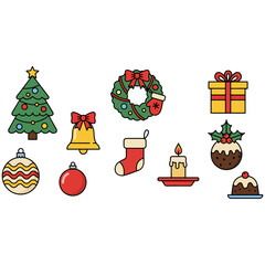 Vector Christmas Icons Collection Festive Elements Including Tree Wreath Gift Bell Stocking Candle Pudding Ornament Cake