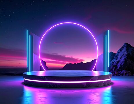 Neon stage against a twilight sky, mountains visible afar - Powered by Adobe