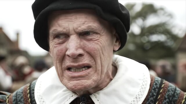 Close-up of a distressed old man in historical period costume grimacing intensely with a deeply wrinkled face and a worried intense expression Dramatic historic