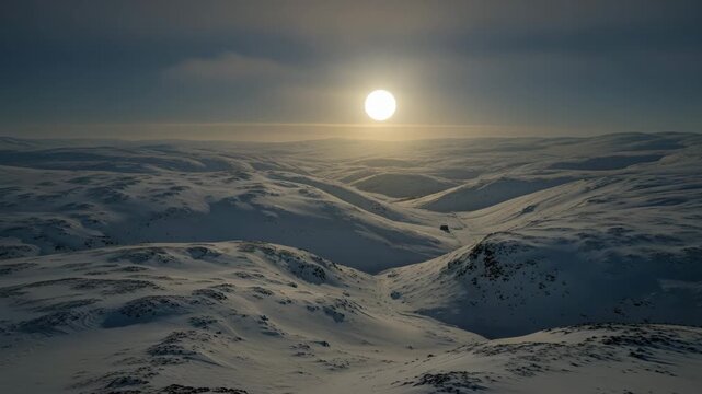 Vast Arctic tundra landscape under a bright sun with rolling snow covered hills and a distant 4K Ai HD video.	
