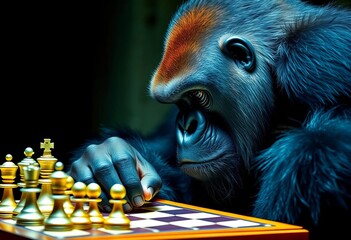 A powerful gorilla intensely studies a chessboard, hand poised over a piece,  jungle,  close-up