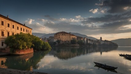 Fototapeta premium Serene lakeside view of a charming town at dusk with a calm reflection on the water, surrounded by mountains and cloudy sky Generative AI