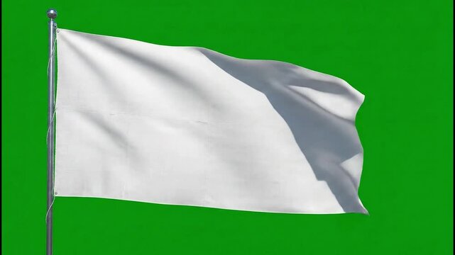 A blank white flag on a pole waves against a green background.