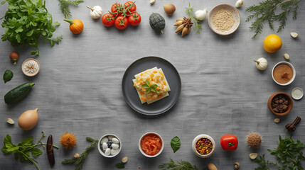 Garnished Rice Dish Surrounded by Fresh Ingredients