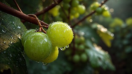Fresh Green Grapes with Water Droplets on Vibrant Vine Leaves