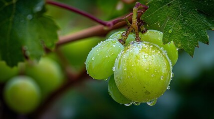 Fresh Green Grapes on Vine with Water Drops and Leaf Background