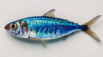 Vibrant Blue Fish with Shimmering Scales on White Background