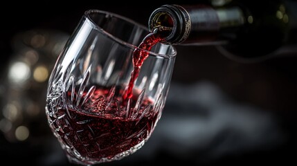 Pouring Red Wine into a Crystal Glass on a Dark Background
