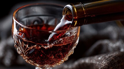 Pouring Red Beverage into Crystal Glass on Dark Background