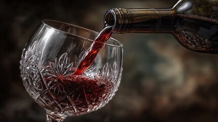 Pouring Red Wine from Bottle into Crystal Glass with Elegant Design