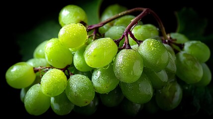 Fresh Green Grapes with Raindrops on Dark Background