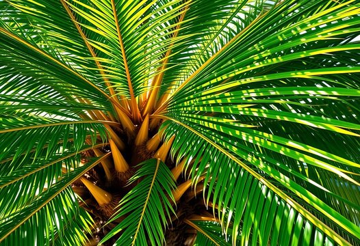 Fronds of a palm tree, lush green, sunlight dappled, illustration, beach