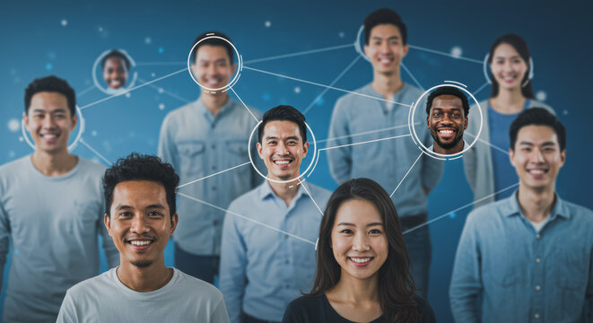 A diverse group of smiling people connected by network lines, representing facial recognition and modern technology in a digital era. - Powered by Adobe