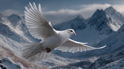 Majestic White Dove in Flight Against Snowy Mountain Landscape