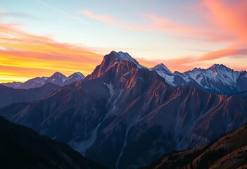 Majestic mountain range under a vibrant sunset sky, view, wild