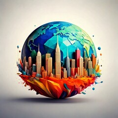 Global business concept with a blue earth globe illustrating a world network silhouette over a city skyline