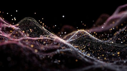 Abstract digital landscape of flowing particles with light effects on black backdrop