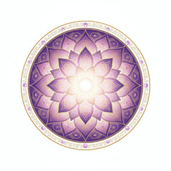 A radiant lotus mandala with golden patterns and purple gradient, representing unity and divine balance.