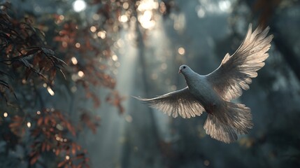 Ethereal Dove in a Sunlit Forest Capturing Serenity and Freedom