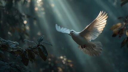 Majestic White Dove in Ethereal Light Surrounded by Nature Beauty