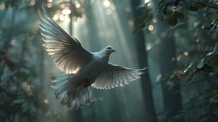 Majestic White Bird Soaring in Sunlit Misty Forest Environment