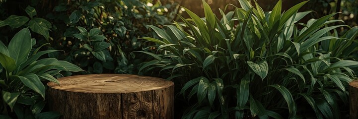 Obraz premium Natural wood stump is positioned in a lush green foliage backdrop, bathed in soft, warm sunlight, creating an inviting space for product display or serene presentation with an earthy ambiance and...