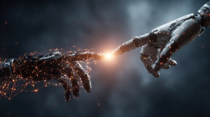 Robotic hands touching with light connection technology communication concept