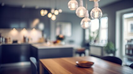 Modern interior with dining table and pendant lights copy space decor
