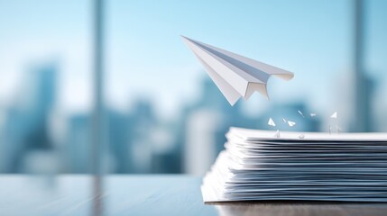 Paper airplane soaring above stack of documents business concept
