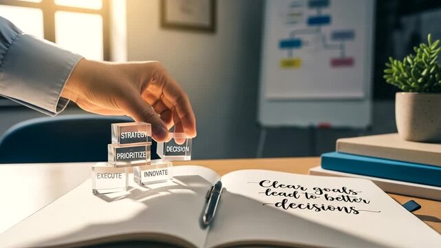 A business professional arranging priority blocks over an open notebook in a bright office setting