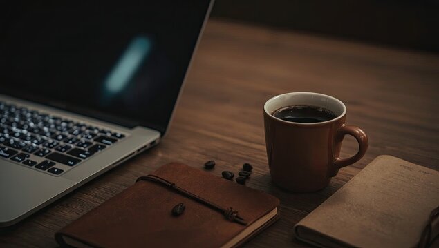 Dark brown coffee mug filled with a rich dark liquid is placed beside a laptop and two notebooks, the composition set on a polished wooden surface, creating a warm and inviting atmosphere for a...