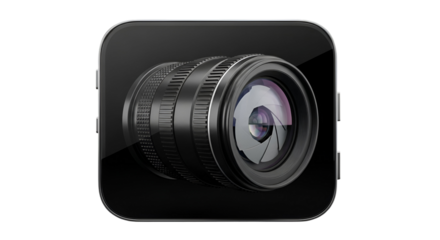 3d icon of camera lens icon on black background isolated on transparent background, representing photography and technology