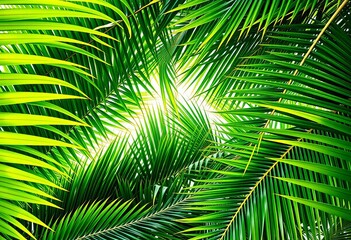 Fototapeta premium Tropical palm tree leaves forming a natural frame, vibrant green foliage, photography, image