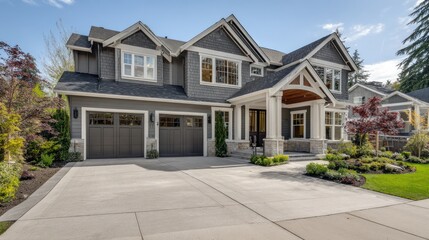 Modern residential house exterior on sunny day with concrete driveway and landscaping