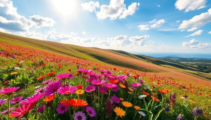 Vibrant wildflowers bloom across a rolling hillside under a sunny sky, vibrant colors, spring flowers