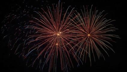 Displaying brilliant colors, illuminated bursts of celebratory pyrotechnics light up a dark night sky with bright hues, creating a dazzling and mesmerizing visual spectacle from below.