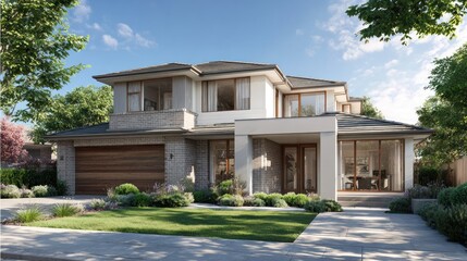 Modern residential house exterior with green lawn and landscaping under blue sky