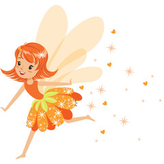 Orange Haired Cartoon Fairy Character With Orange Wings And Flower Skirt Running And Spreading Sparkles And Hearts