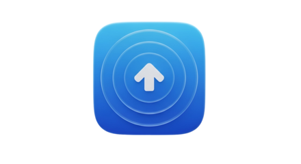 3d icon of blue upload icon with concentric circles isolated on transparent background, symbolizing data transfer and sharing