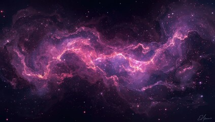 Captivating cosmic vista unveils a mesmerizing display of nebulous formations in rich shades of purple and pink, accented with twinkling stars within the expansive darkness, providing an ethereal