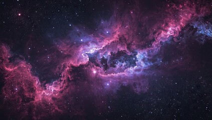 Dramatic view showcases a celestial vista of interstellar nebulae bathed in vibrant purple and pink hues, illuminated by scattered stars across a deep, dark, cosmic backdrop.