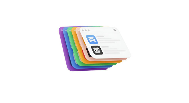 3d icon of stack of colorful email notification icons isolated on transparent background, representing communication and reminders - Powered by Adobe
