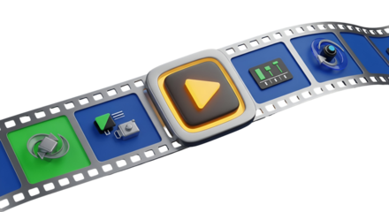 3d icon of film strip icon isolated on transparent background, representing video production, media, and entertainment industry