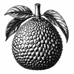 Detailed Engraving Of A Textured Breadruit With Leaves Rendered In Black Ink On White