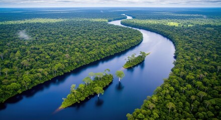 Amazon River's Serpentine Course: Aerial View of Lush Rainforest and Islands