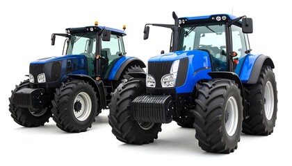Obraz premium Modern Blue Tractors Powerful Agriculture Machinery Isolated on White Background.