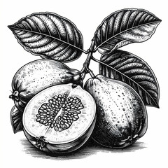 Engraving Style Illustration Showcasing Guava Fruit And Foliage Detail Black Ink Art