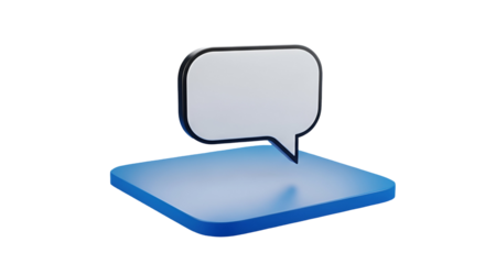 3d icon of 3d speech bubble on blue platform isolated on transparent background, representing communication and feedback