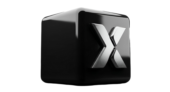 3d icon of black cube with silver x isolated on transparent background, representing technology and modern design concept